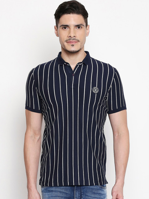 

Mufti Men Navy Blue & White Striped Polo Collar T-shirt