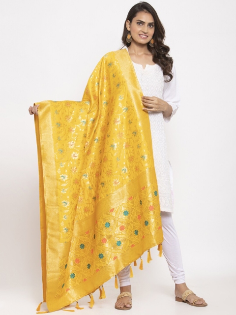 

panchhi Yellow & Gold-Toned Jacquard Woven Banarasi Dupatta