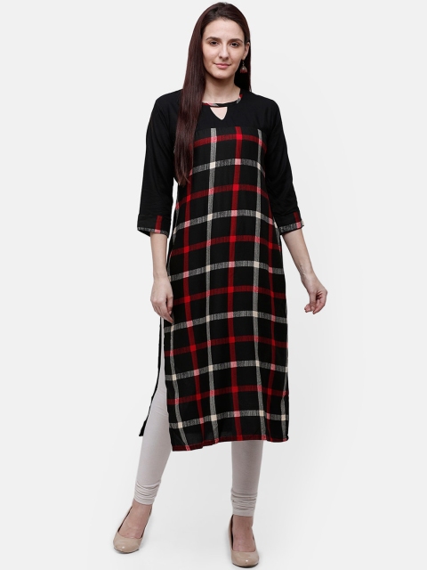 

Rasada Women Black & Red Checked Keyhole Neck Straight Kurta
