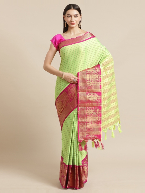 

Mitera Green & Pink Silk Blend Checked Banarasi Saree