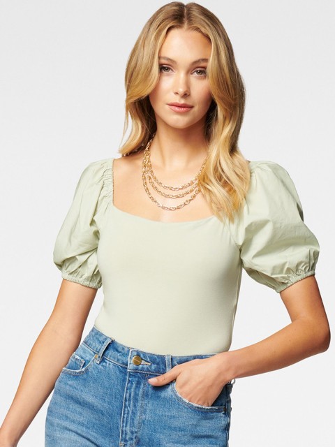 

Forever New Green Solid Square Neck Puff Sleeves Top