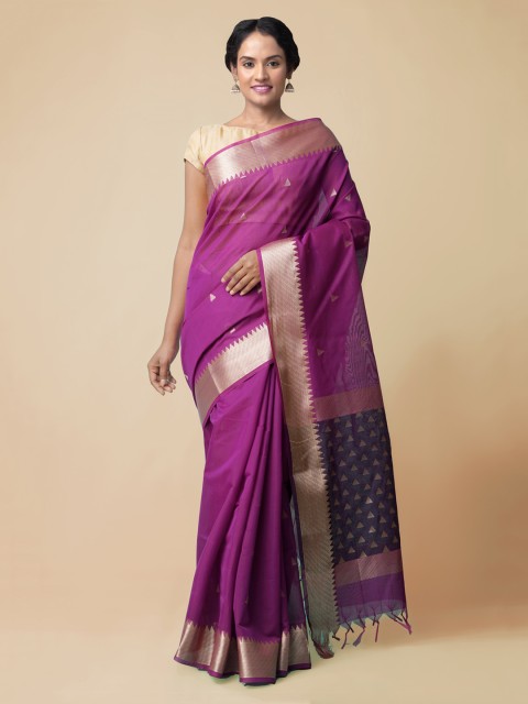 

Unnati Silks Purple & Gold-Toned Silk Cotton Woven Design Baluchari Saree