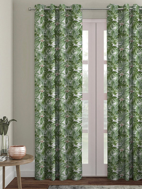 

HOUZZCODE Green & White Floral Printed Single Black Out Door Curtain