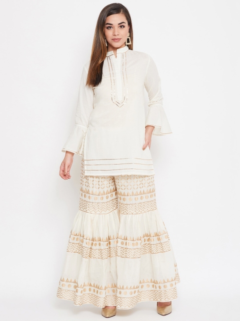 

TULIP 21 Women Off-White & Gold-Toned Solid Kurti with Sharara