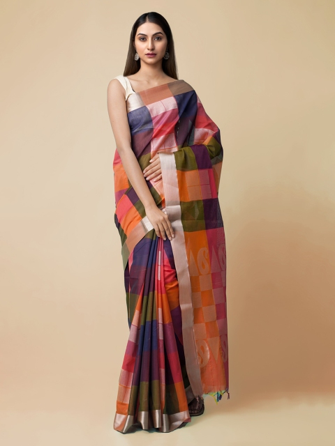 

Unnati Silks Navy Blue & Red Silk Cotton Checked Baluchari Saree