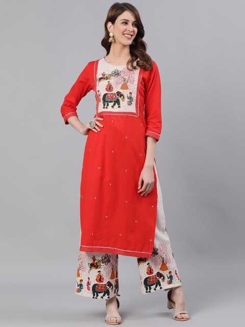 

Ishin Women Red & Off-White Printed Kurta with Palazzos