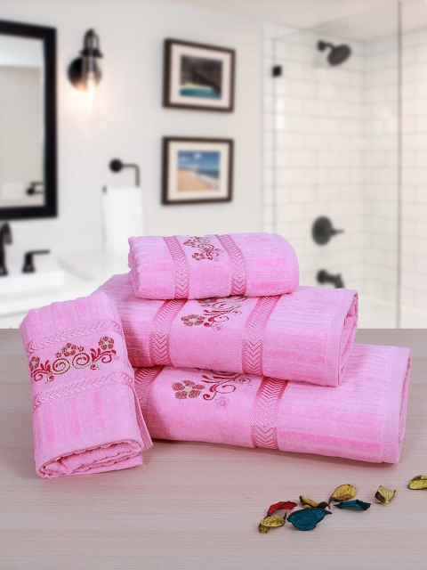 

RANGOLI Unisex Set Of 4 Pink & Red Embroidered 380 GSM Cotton Towels