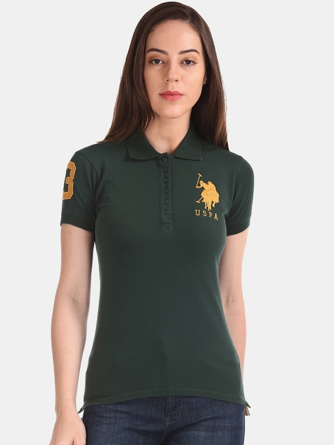 

U.S. Polo Assn. Women Women Green Solid Polo Collar T-shirt