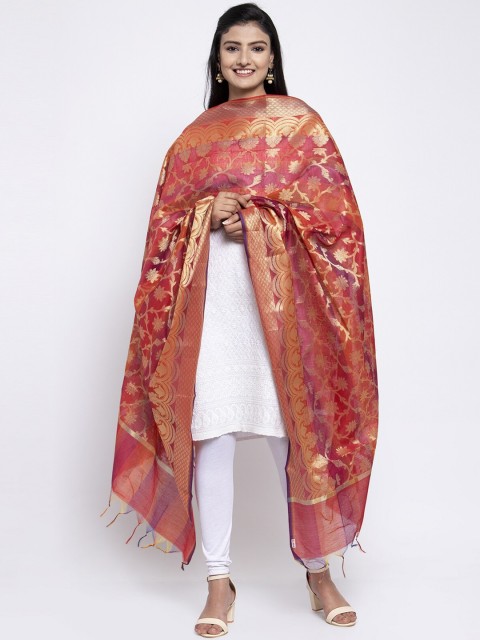 

LOOM LEGACY Red & Gold-Toned Banarsi Cotton Silk Jacquard Dupatta