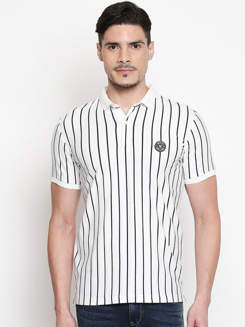 

Mufti Men White & Black Striped Polo Collar T-shirt