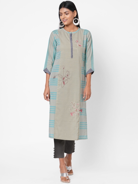 

Os Grey Striped Thread Work Round Neck Regular Sleeves Kurta