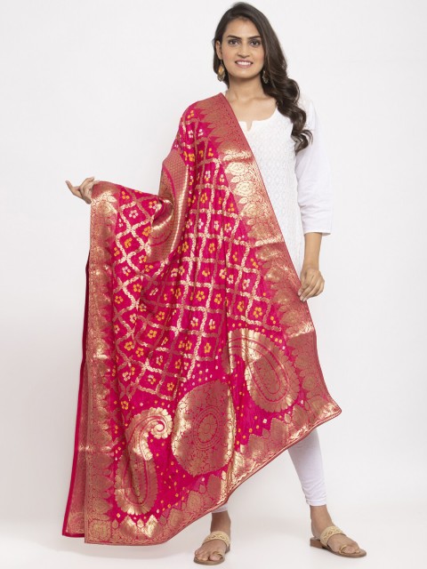 

panchhi Pink & Gold-Toned Woven Design Bandhej Dupatta