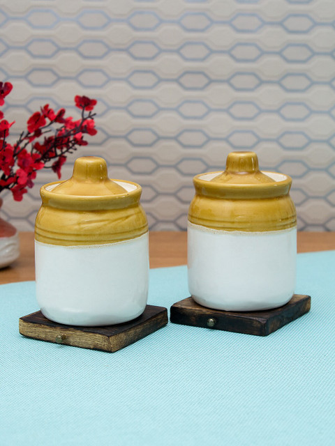 

WISHTANK Set of 2 Brown & White Hand Crafted Ceramic Pickle Jars With Lids