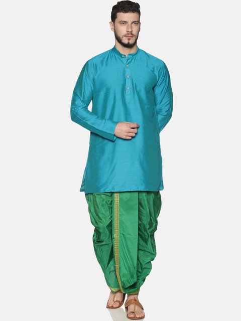 

TATTVA Men Blue & Green Solid Kurta with Dhoti Pants
