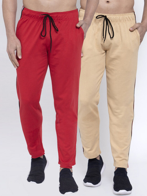 

NEUDIS Men Pack Of 2 Solid Structured-Fit Cotton Track Pants, Red