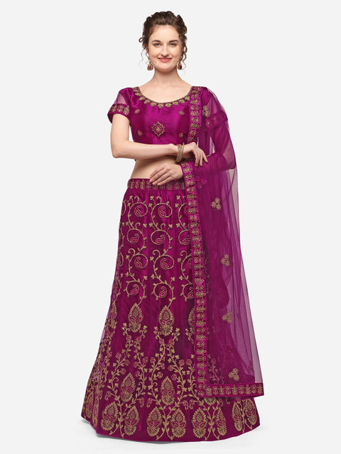 

V SALES Purple Embroidered Semi-Stitched Lehenga & Unstitched Blouse with Dupatta
