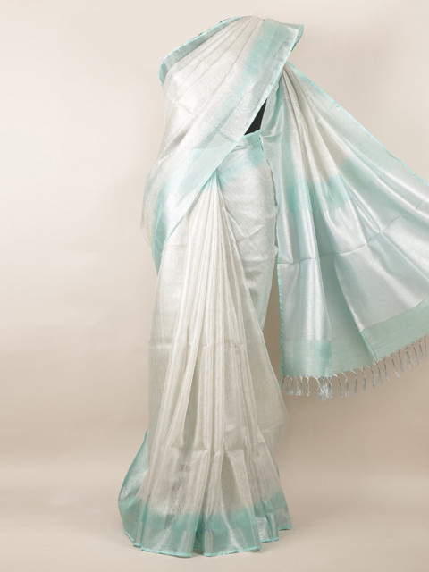 

Pothys Silver-Toned Solid Linen Blend Saree With Tasselled Pallu