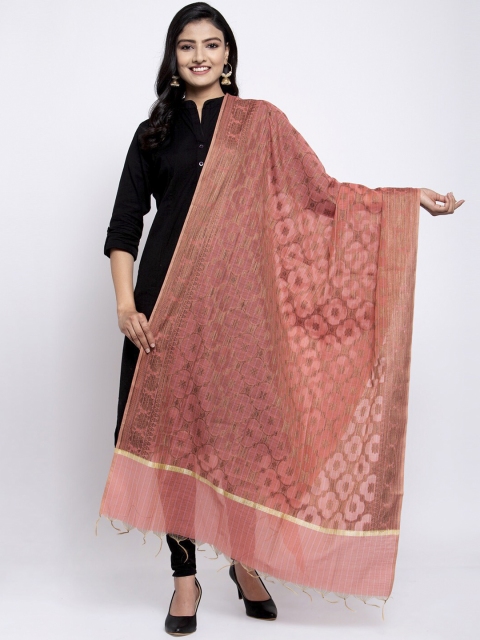 

LOOM LEGACY Orange & Copper-Toned Banarsi Cotton Silk Jacquard Dupatta