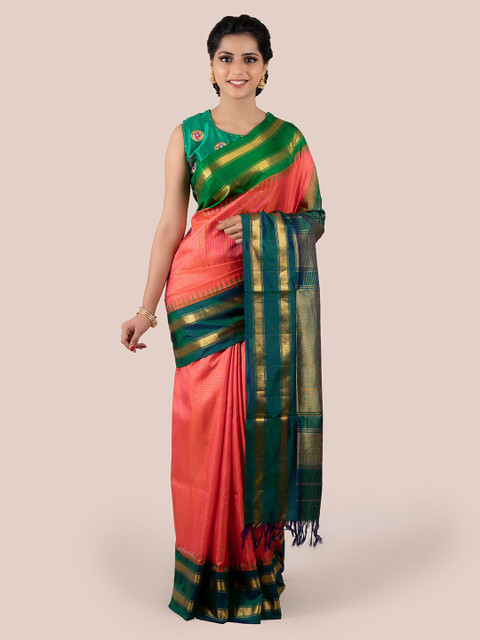 

Pothys Peach-Coloured & Green Pure Silk Woven Design Gadwal Saree With Tasselled Pallu