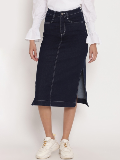 

FOSH Women Navy Blue Solid Denim Pencil Midi Skirt