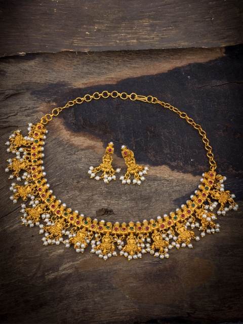 

Alankruthi Gold-Plated White Artificial Stones And Beads-Studded Traditional Necklace Jewellery Set