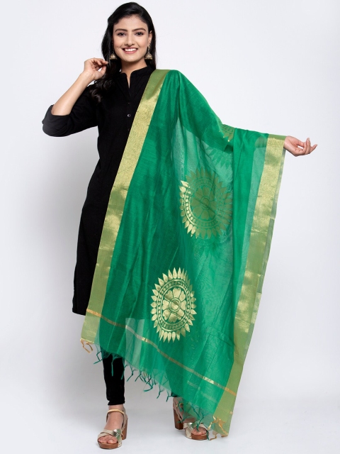 

LOOM LEGACY Green & Gold-Toned Banarsi Cotton Silk Jacquard Dupatta