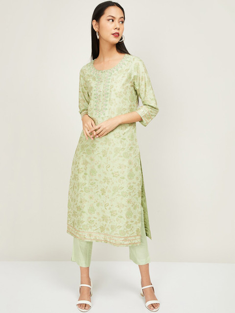 

Melange by Lifestyle Women Green & White Embroidered Kurta with Trousers & Dupatta