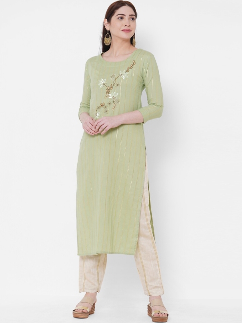 

FASHOR Women Green Embroidered Straight Kurta