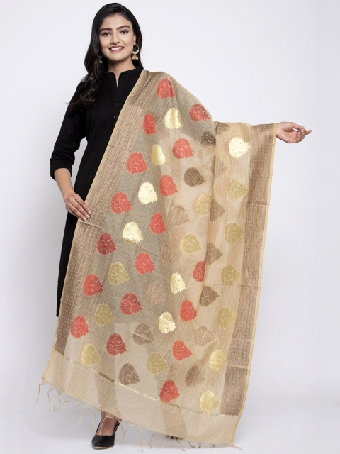 

LOOM LEGACY Beige & Gold-Toned Banarsi Cotton Silk Jacquard Dupatta