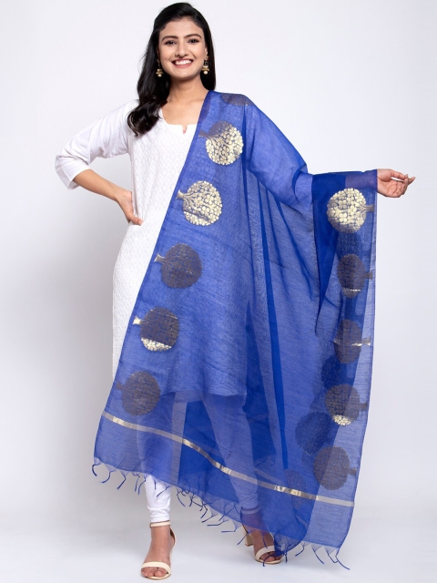 

LOOM LEGACY Blue & Gold-Toned Banarsi Cotton Silk Jacquard Dupatta