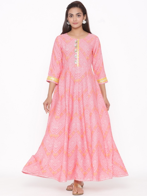 

Silai Bunai Pink Bandhani Printed Round Neck Regular Sleeves Anarkali Kurta