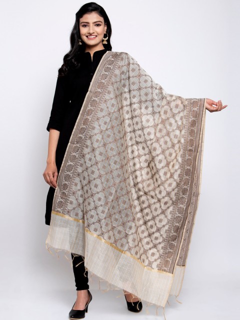 

LOOM LEGACY Beige & White Banarsi Cotton Silk Jacquard Dupatta