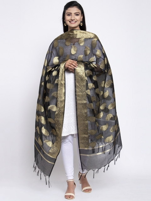 

LOOM LEGACY Black & Gold-Toned Banarsi Cotton Silk Jacquard Dupatta