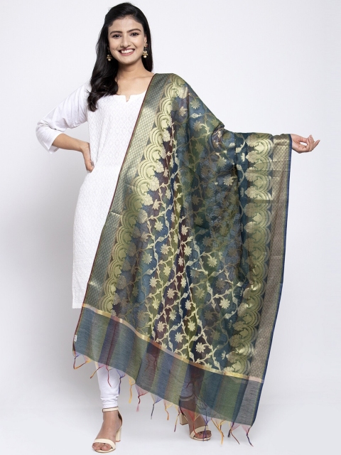 

LOOM LEGACY Green & Gold-Toned Banarsi Cotton Silk Jacquard Dupatta