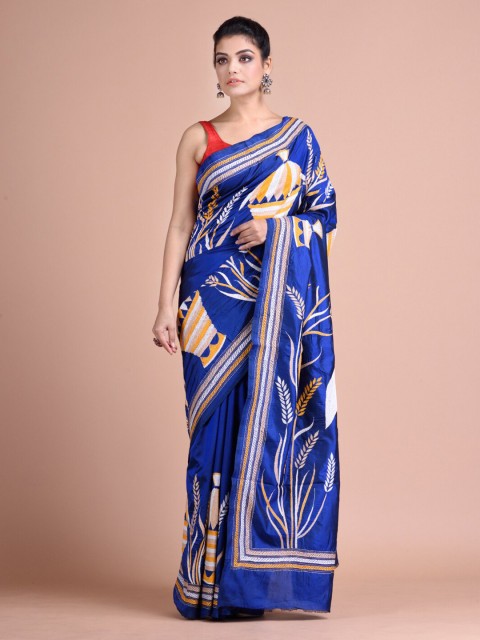 

Mitera Blue Kantha Stitch Handloom Pure Silk Saree