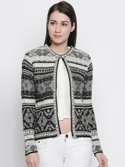 

AKKRITI BY PANTALOONS Women Black & White Self Design Open Front Shrug
