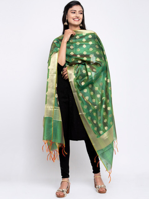 

LOOM LEGACY Green & Gold-Toned Woven Design Dupatta