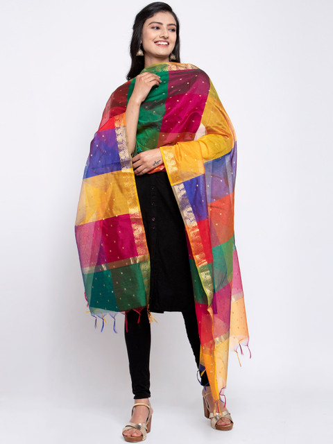 

LOOM LEGACY Multicoloured Colourblocked Banarsi Cotton Silk Jacquard Dupatta, Multi
