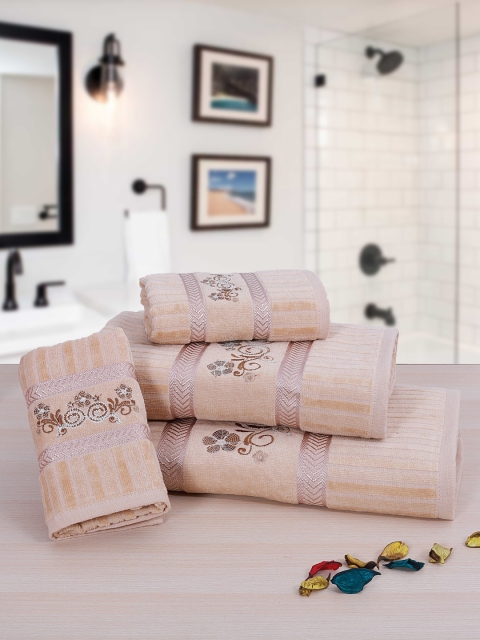 RANGOLI Unisex Set Of 4 Beige & Brown Embroidered 380 GSM Towels
