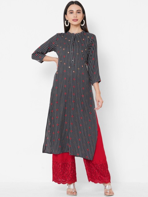 

FASHOR Black Striped Thread Work Band Collar Regular Sleeves Kurta