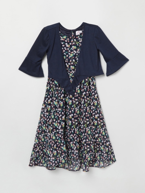 

max Girls Navy Blue Floral Printed Fit and Flare Dress with Shrug