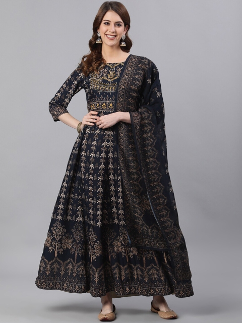 Ishin Navy Blue Floral Printed Thread Work Kurta