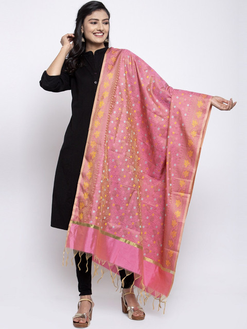 

LOOM LEGACY Pink & Golden Cotton Silk Jacquard Dupatta
