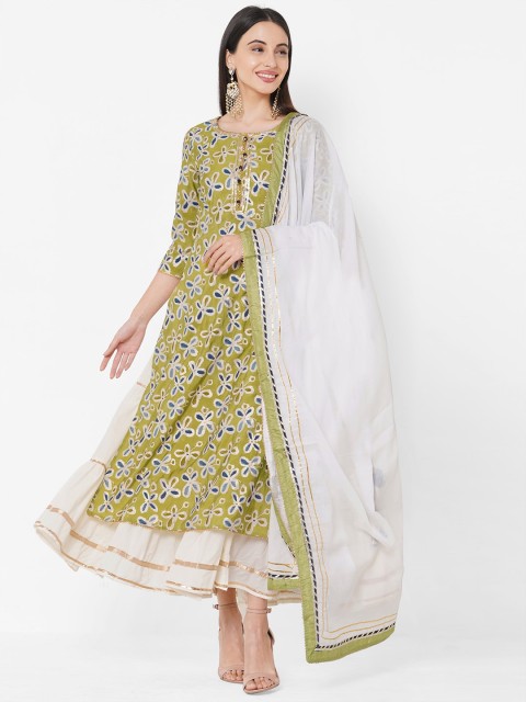

FASHOR Women Green Printed Ethnic Maxi Dress with Dupatta