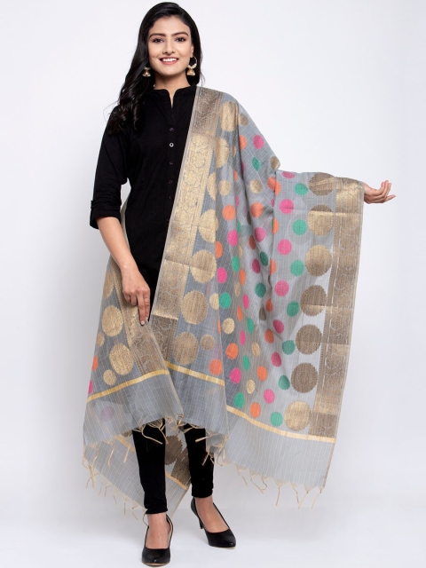 

LOOM LEGACY Grey & Pink Banarsi Cotton Silk Jacquard Dupatta