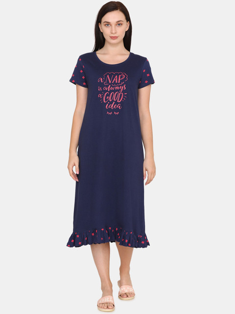 

Zivame Navy Blue & Red Printed Cotton Nightdress