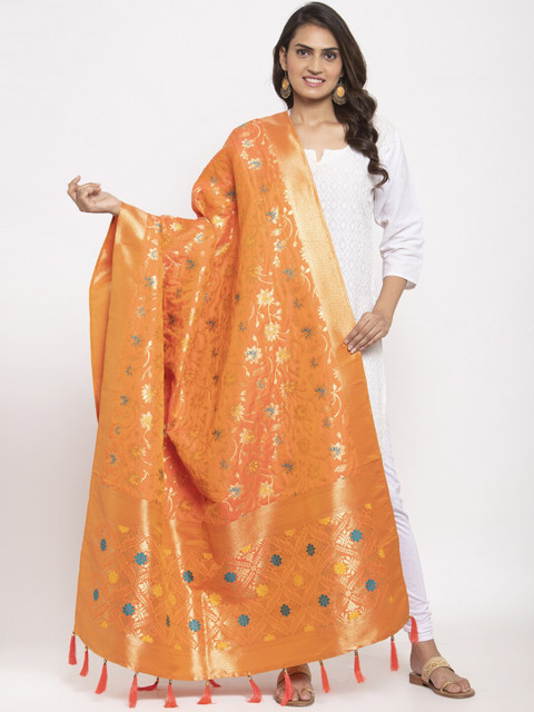 

panchhi Orange Jacquard Woven Banarasi Dupatta
