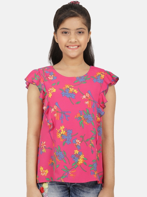 

CACA CINA Girls Magenta Floral Printed Flutter Sleeves Crepe Top
