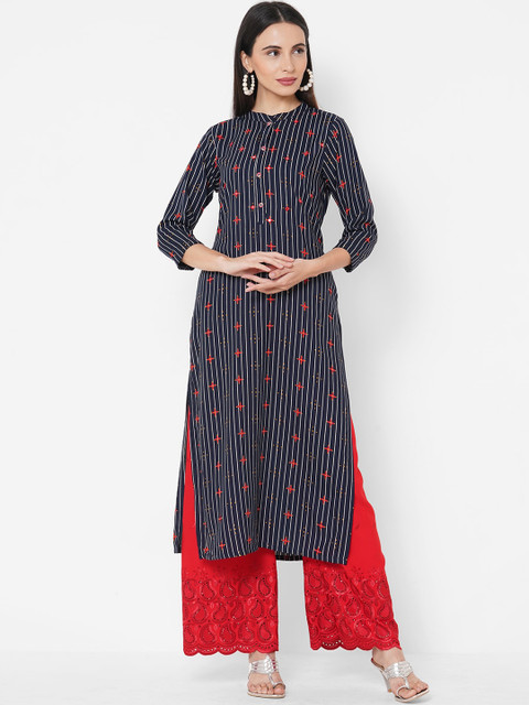 

FASHOR Navy Blue & Red Striped Mandarin Collar Kurta