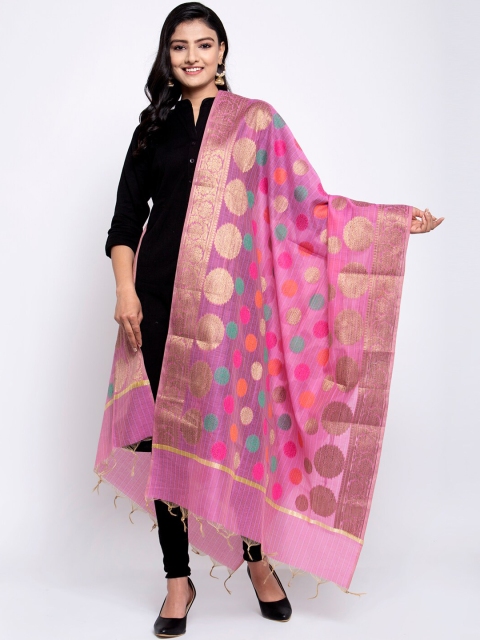 

LOOM LEGACY Pink & Gold-Toned Banarsi Cotton Silk Jacquard Dupatta